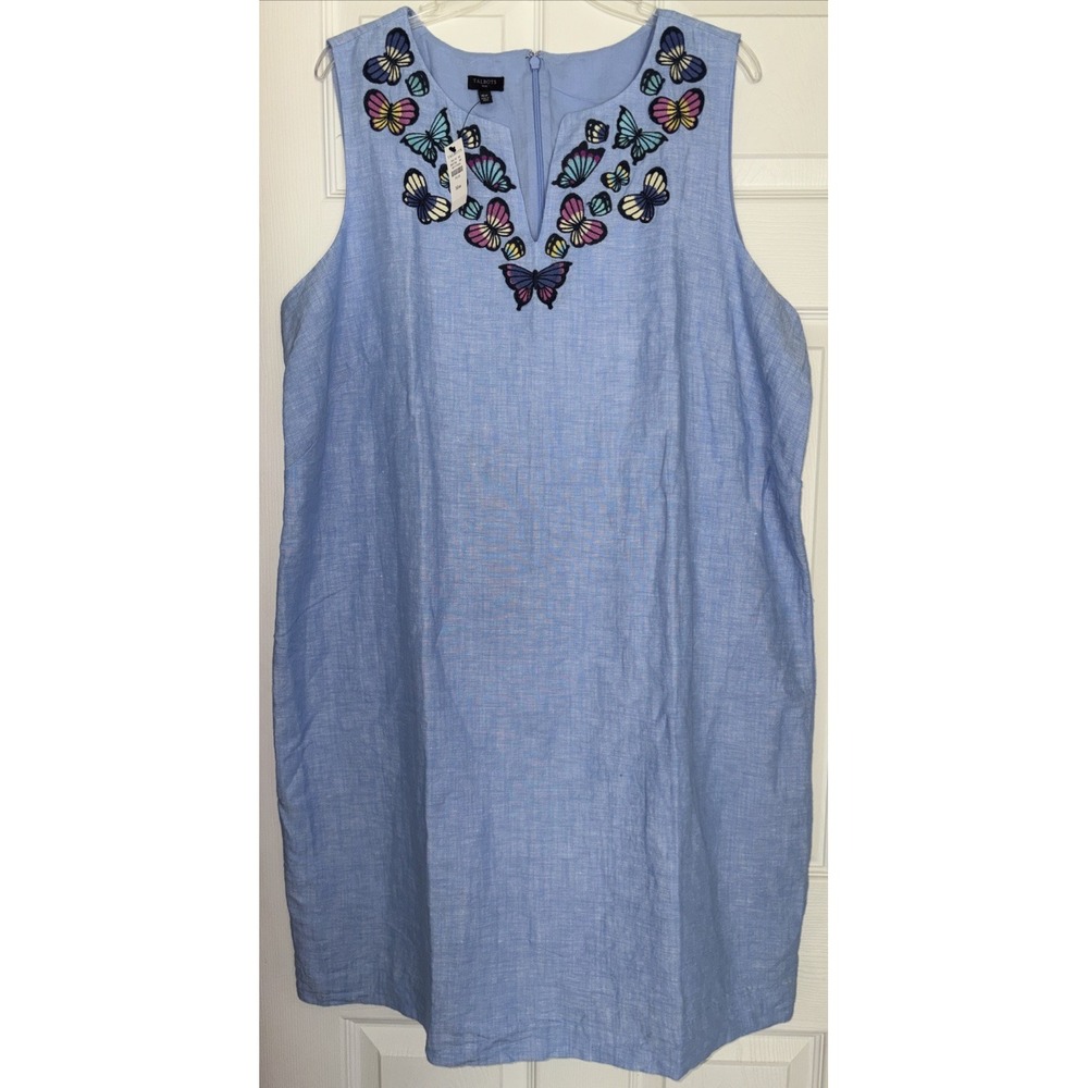 Talbots 16W Blue Chambray Linen Embroidered Butterfly Shift Dress Coastal Beachy